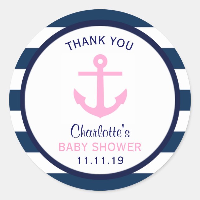 Nautical GIRL Pink Navy Blue Baby Shower Favour Classic Round Sticker (Front)