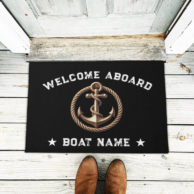 Nautical Gold Anchor Black Welcome Aboard Boat Doormat (Creator Uploaded)