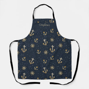 Nautical Gold Anchor & Helm Pattern on Blue Apron
