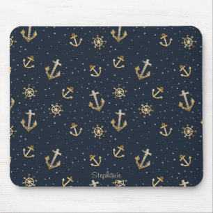 Nautical Gold Anchor & Helm Pattern on Blue Mouse Pad