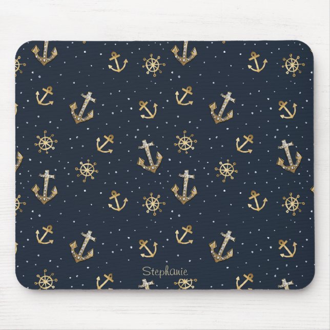 Nautical Gold Anchor & Helm Pattern on Blue Mouse Pad (Front)