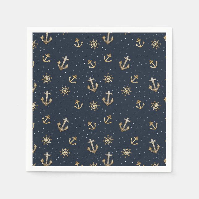 Nautical Gold Anchor & Helm Pattern on Blue Napkin (Front)