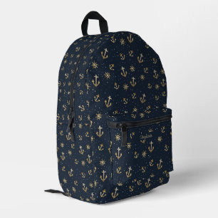 Nautical Gold Anchor & Helm Pattern on Blue Printed Backpack
