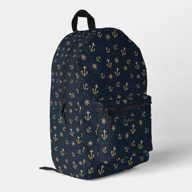 Nautical Gold Anchor & Helm Pattern on Blue Printed Backpack (Back Corner Left)