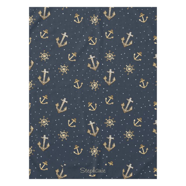 Nautical Gold Anchor & Helm Pattern on Blue Tablecloth (Front)