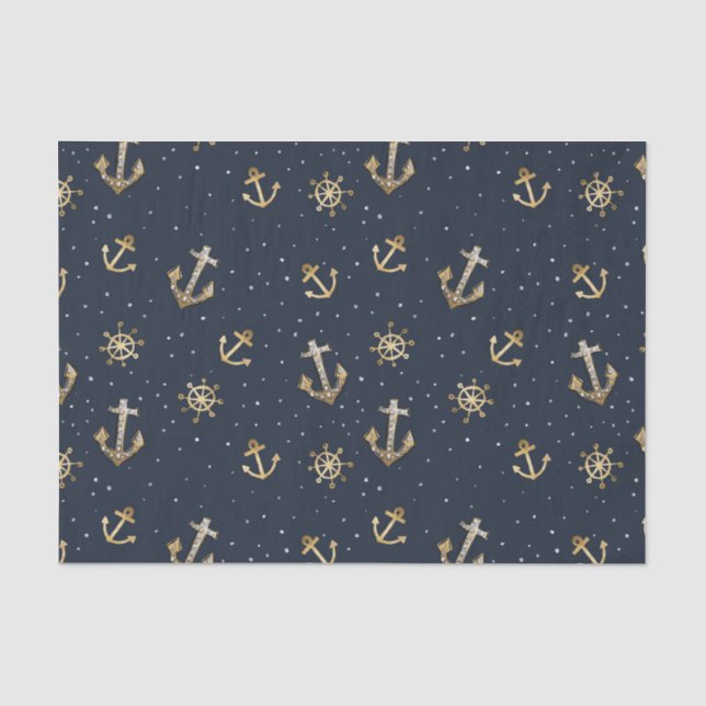 Nautical Gold Anchor & Helm Pattern on Blue Tissue Paper (Front)