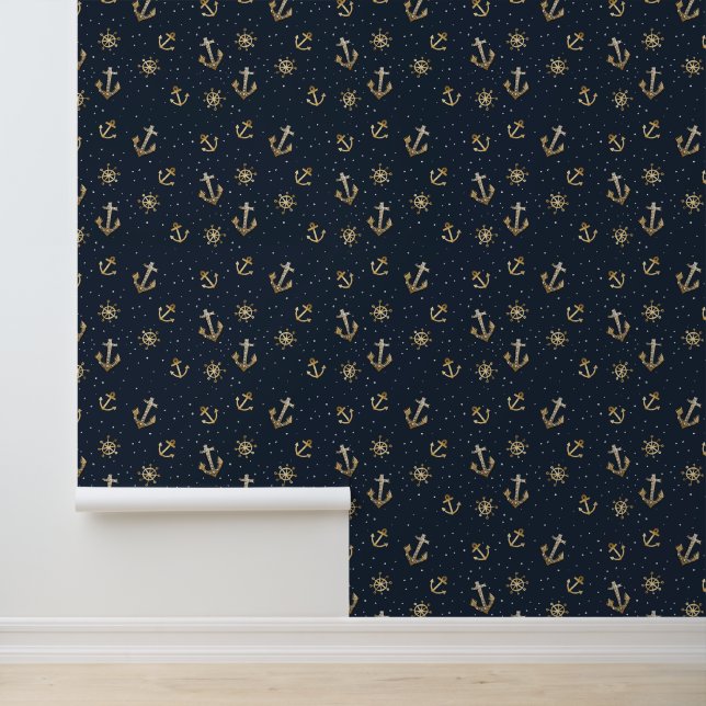 Nautical Gold Anchor & Helm Pattern on Blue Wallpaper (Application)