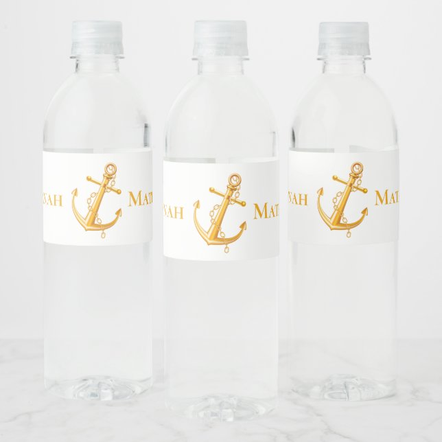 Nautical Gold Anchor Just Married Wedding Beach Water Bottle Label (Bottles)
