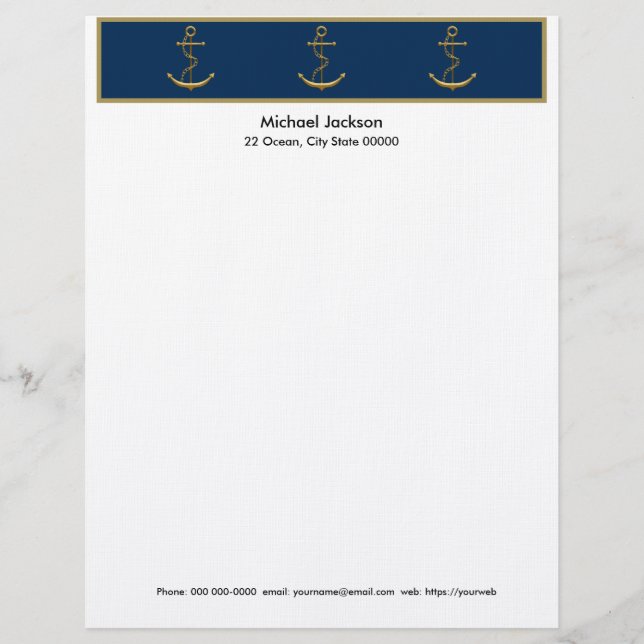 Nautical Gold Anchor Letterhead Stationery (Front)