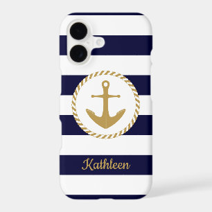 Nautical Gold Anchor Navy Blue And White Stripes