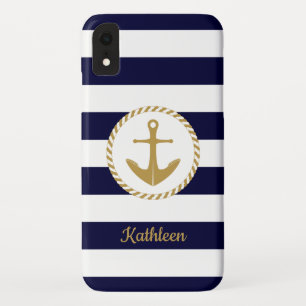 Nautical Gold Anchor Navy Blue And White Stripes Case-Mate iPhone Case