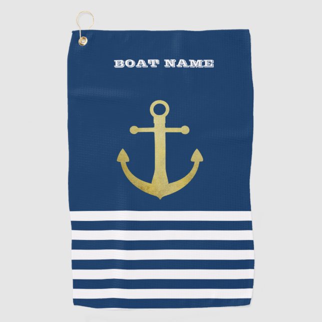 Nautical, Gold Anchor  Navy Blue Striped Golf Towel (Front)
