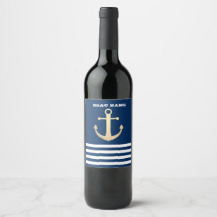 Nautical, Gold Anchor  Navy Blue Striped Wine Label