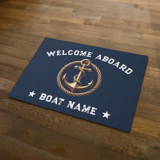 Nautical Gold Anchor Navy Blue Welcome Aboard Boat Doormat (Creator Uploaded)
