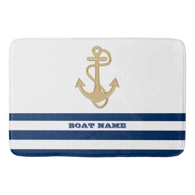 Nautical,Gold Anchor  Navy Blue White Stripes  Bath Mat (Front)