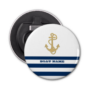 Nautical,Gold Anchor Navy Blue White Stripes Bottle Opener
