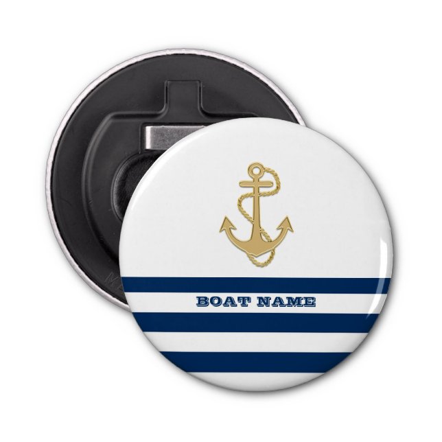 Nautical,Gold Anchor  Navy Blue White Stripes  Bottle Opener (Front)