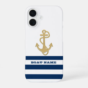 Nautical,Gold Anchor Navy Blue White Stripes iPhone 16 Case