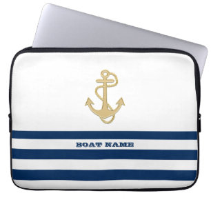 Nautical,Gold Anchor  Navy Blue White Stripes  Laptop Sleeve