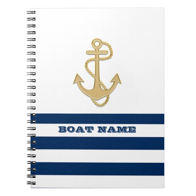 Nautical,Gold Anchor  Navy Blue White Stripes  Notebook (Front)