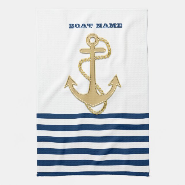 Nautical,Gold Anchor  Navy Blue White Stripes  Tea Towel (Vertical)