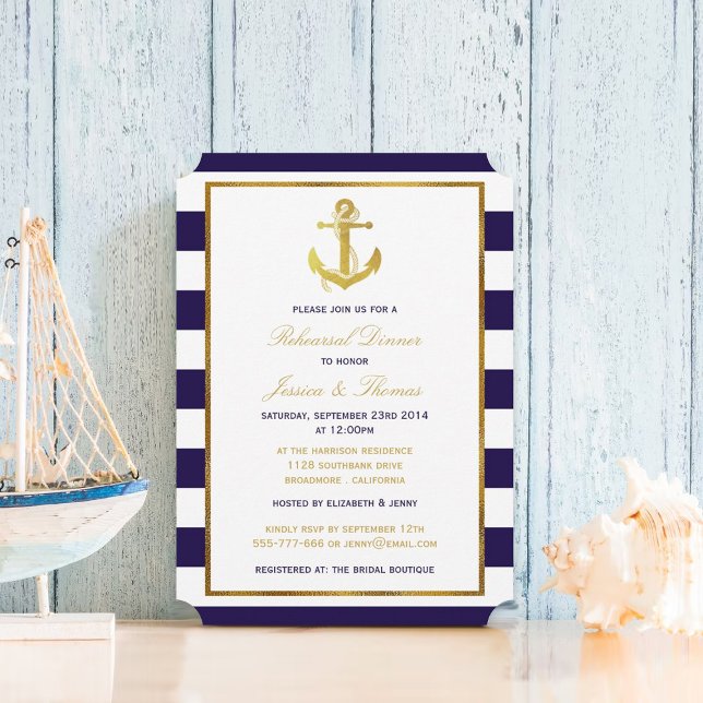 Nautical Gold Anchor Navy Stripe Rehearsal Dinner Invitation (Creator Uploaded)