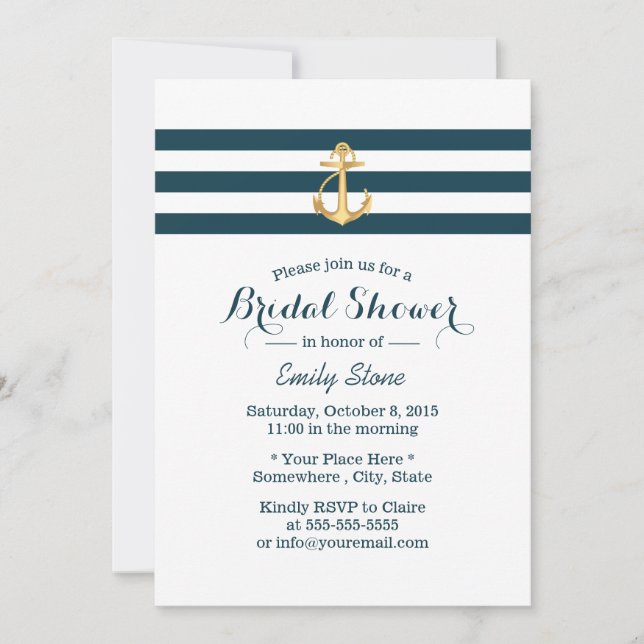 Nautical Gold Anchor Navy Stripes Bridal Shower Invitation (Front)