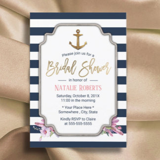 Nautical Gold Anchor Navy Stripes Bridal Shower Invitation