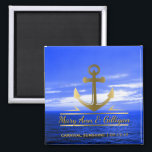 Nautical Gold Anchor Ocean Cruise Wedding Favour Magnet<br><div class="desc">Custom, nautical anchor wedding favour magnet- Faux metallic gold anchor logo is centred with personalised names of couple in gold colour script lettering with a drop shadow. At the bottom is the name of the cruise ship and date. On a beautiful landscape photo background of a deep blue ocean with...</div>