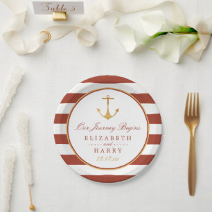 Nautical Gold Anchor, Red Brick & Gold Wedding Paper Plate