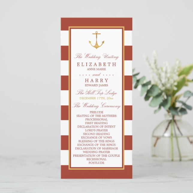 Nautical Gold Anchor, Red Brick & Gold Wedding Programme (Standing Front)