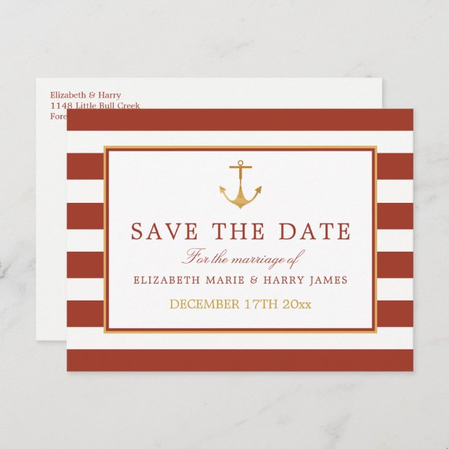 Nautical Gold Anchor, Red Brick Save The Date Announcement Postcard (Front/Back)
