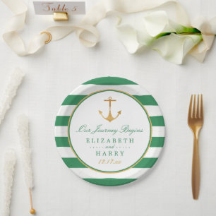 Nautical Gold Anchor, Sea Green & Gold Wedding Paper Plate