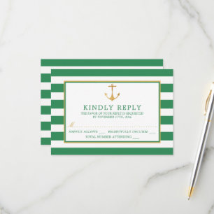 Nautical Gold Anchor, Sea Green & Gold Wedding RSVP Card