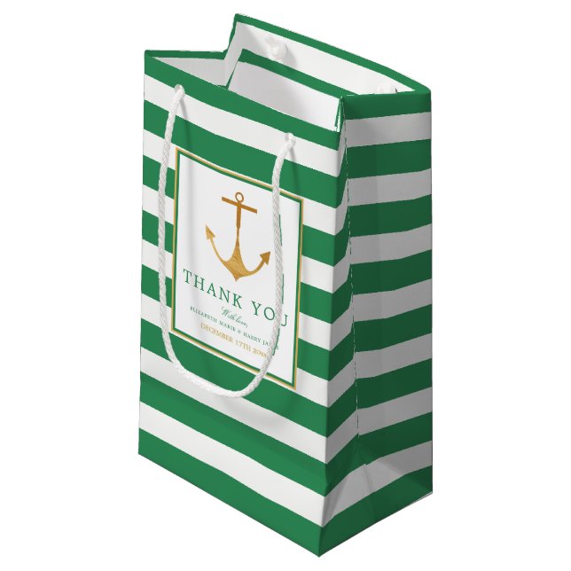 Nautical Gold Anchor, Sea Green & Gold Wedding Small Gift Bag (Front Angled)