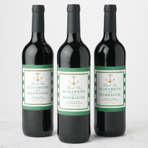 Nautical Gold Anchor, Sea Green & Gold Wedding Wine Label