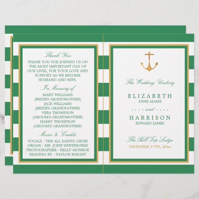 Nautical Gold Anchor, Sea Green Wedding Programme (Front/Back)