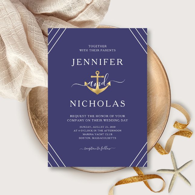 Nautical Gold Anchor Stripes Navy Blue Wedding Invitation (Front / Nautical Gold Anchor Stripes Navy Blue Wedding Invitation)