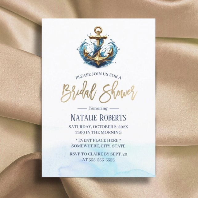 Nautical Gold Anchor Summer Wedding Bridal Shower Invitation (Creator Uploaded)