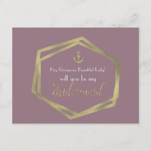 Nautical Gold Anchor Violet Be My Bridesmaid Card