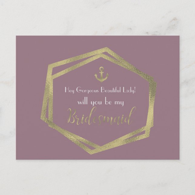 Nautical Gold Anchor Violet Be My Bridesmaid Card (Front)