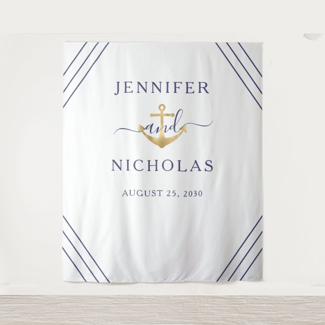 Nautical Gold Anchor Wedding Photo Booth Backdrop Tapestry (Front)