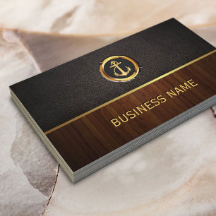 Nautical Gold Anchor Wood & Leather Business Card