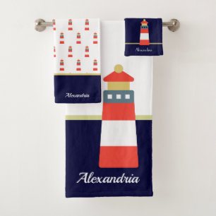 Nautical Gold and navy blue Lighthouse Bath Towel