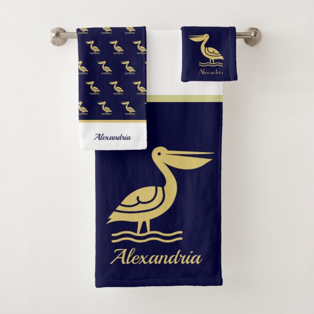 Nautical Gold and navy blue Lighthouse Bath Towel  (Insitu)