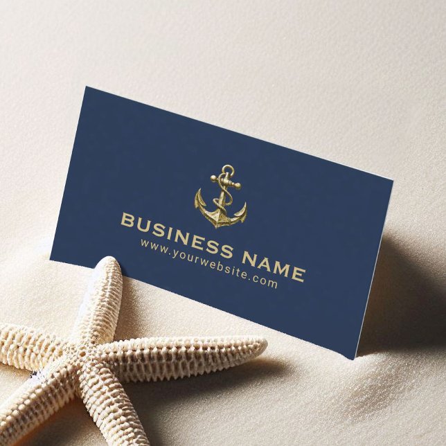 Nautical Gold Boat Anchor Plain Navy Blue Business Card (Creator Uploaded)