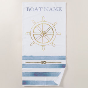 Nautical Gold Boat Wheel,Blue Watercolor Stripes Beach Towel