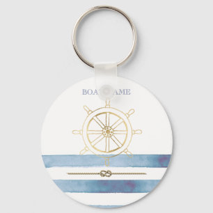 Nautical Gold Boat Wheel,Blue Watercolor Stripes   Key Ring