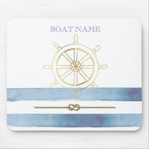Nautical Gold Boat Wheel,Blue Watercolor Stripes   Mouse Pad