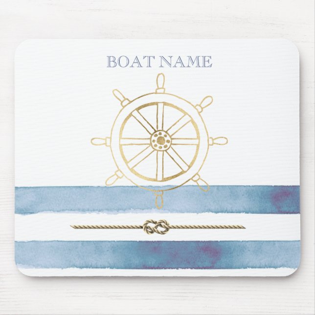 Nautical Gold Boat Wheel,Blue Watercolor Stripes   Mouse Pad (Front)